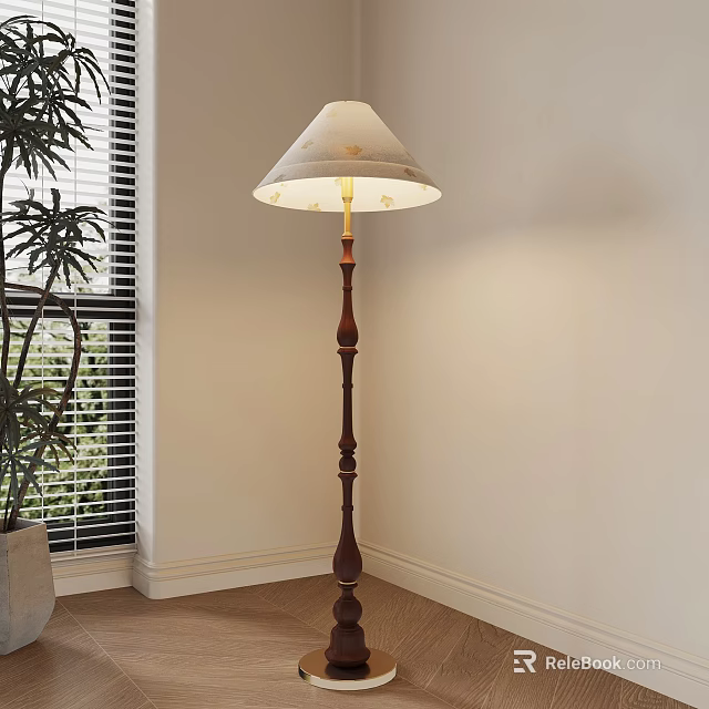 Stylish Floor Lamp With Wooden Stand And Beige Lampshade Near Potted Plant And Window Blinds 3d model 