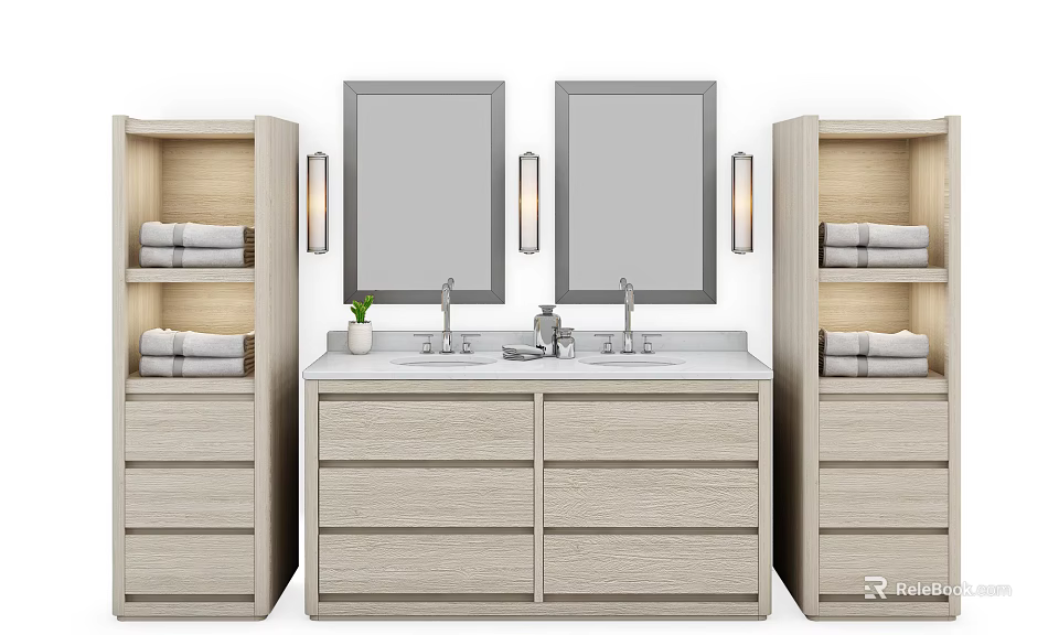 Modern Bathroom Vanity with Double Mirrors Side Cabinets Towels Potted Plant and Toiletries 3d model 