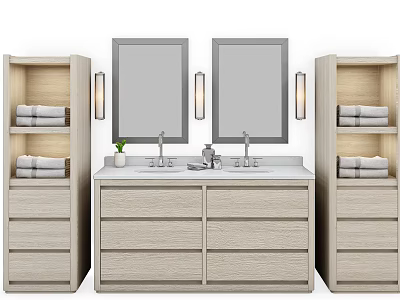 Modern Bathroom Vanity with Double Mirrors Side Cabinets Towels Potted Plant and Toiletries 3d model