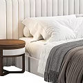 Modern Double Bed With Upholstered Headboard White Pillows Gray Blanket And Wooden Nightstand