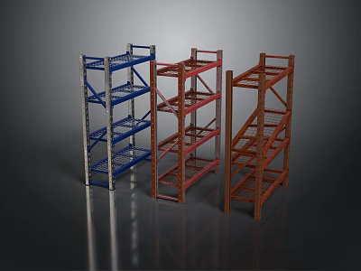 Multi Tier Industrial Storage Racks in Blue Red and Brown for Warehouse Use 3d model