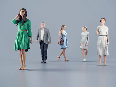 Group of People in Various Fashionable Outfits Standing Against Gray Background 3d model