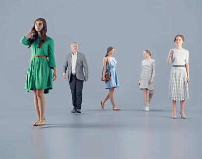 Group of People in Various Fashionable Outfits Standing Against Gray Background 3d model