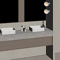 Modern Double Washbasin Vanity With White Square Sinks Marble Countertop And Round Mirror Lights