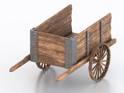Classic Wooden Cargo Cart Featuring Spoked Wheels And Metal Reinforcement Strips 3d model