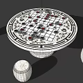 Decorative Round Entertainment Table With Chessboard Game Pieces And Four Marble Stools