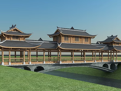 Traditional Chinese Wooden Bridge with Curved Roof Over River in Grassland Under Blue Sky 3d model