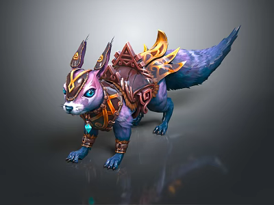 Fantasy Standing Purple Blue Fox With Ornate Golden Gear And Blue Gemstone 3d model