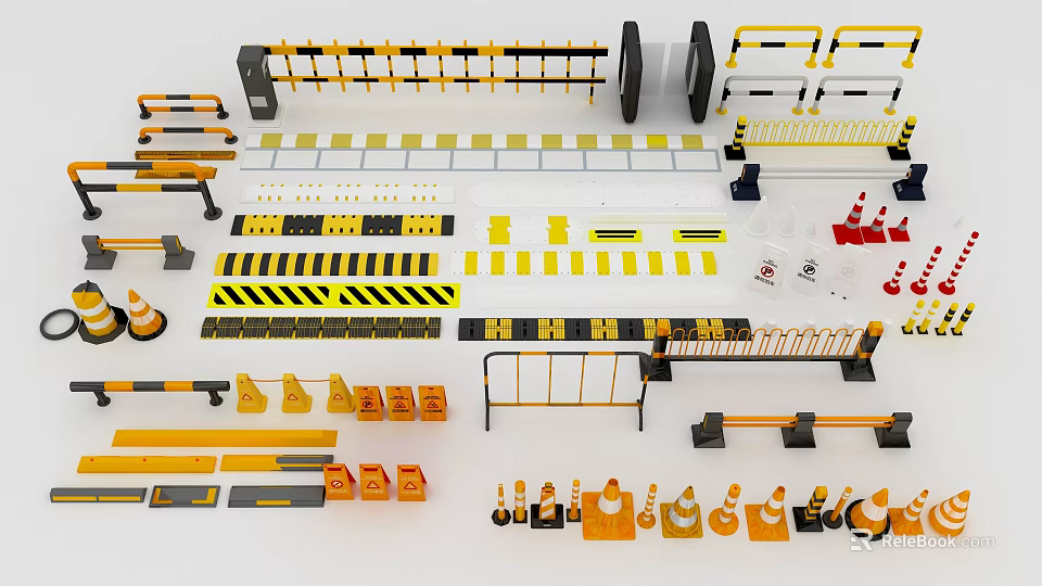 Various Traffic Safety Barriers And Road Warning Equipment With Yellow Black Stripes And Cones 3d model 