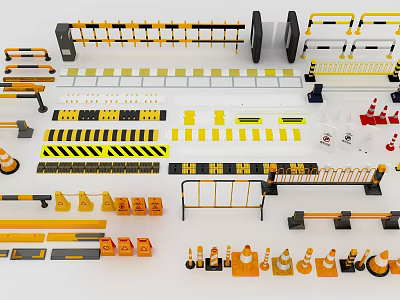 Various Traffic Safety Barriers And Road Warning Equipment With Yellow Black Stripes And Cones 3d model