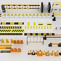 Various Traffic Safety Barriers And Road Warning Equipment With Yellow Black Stripes And Cones