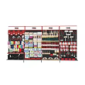 Various Hardware Tools Organized on Wall Shelves Including Brushes Buckets Clamps and Screwdrivers