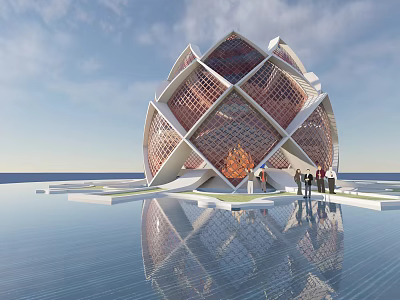 Lotus Shaped Modern Building With Geometric Lattice Water Reflection And People Nearby 3d model