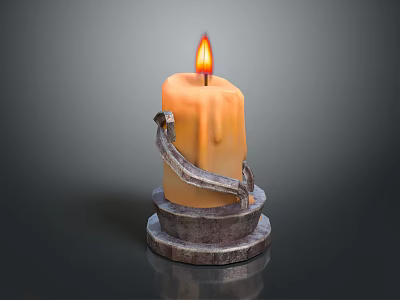 Burning Orange Candle With Melting Wax On Metal Candlestick Holder Against Dark Background 3d model