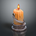 Burning Orange Candle With Melting Wax On Metal Candlestick Holder Against Dark Background