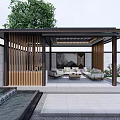 Modern Garden Landscape Featuring Wooden Lattice Pavilion Sofa Coffee Table Water Pool And Greenery