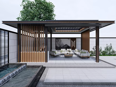 Modern Garden Landscape Featuring Wooden Lattice Pavilion Sofa Coffee Table Water Pool And Greenery 3d model