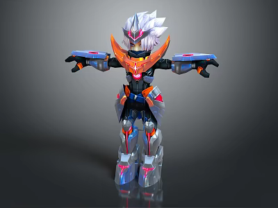 Mechanical Robot Character In Standing Pose With White Head Orange Armor And Blue Red Details 3d model
