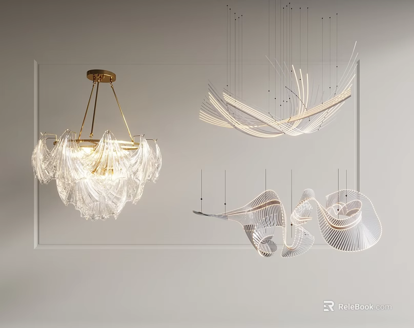 Modern Chandeliers With Transparent Acrylic Shades And Gold Metal Linear Frames 3d model 