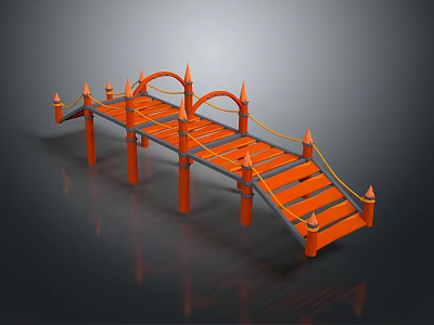 Orange Decorative Bridge Structure With Rope Railings And Pillar Design Elements 3d model