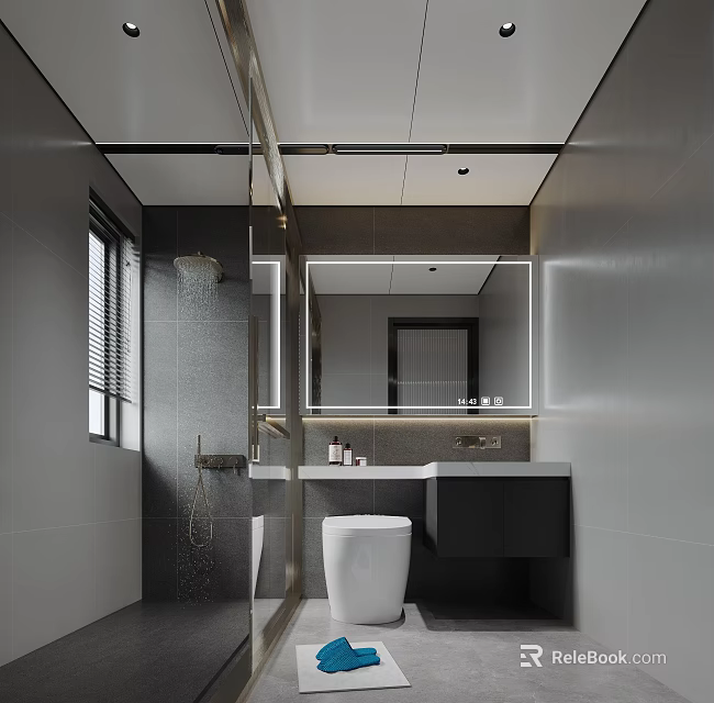 Modern Bathroom Interior Design Featuring Large Mirror Vanity Toilet Shower Area And Tiled Walls 3d model 