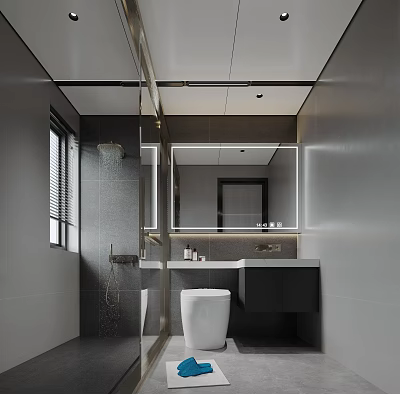 Modern Bathroom Interior Design Featuring Large Mirror Vanity Toilet Shower Area And Tiled Walls 3d model