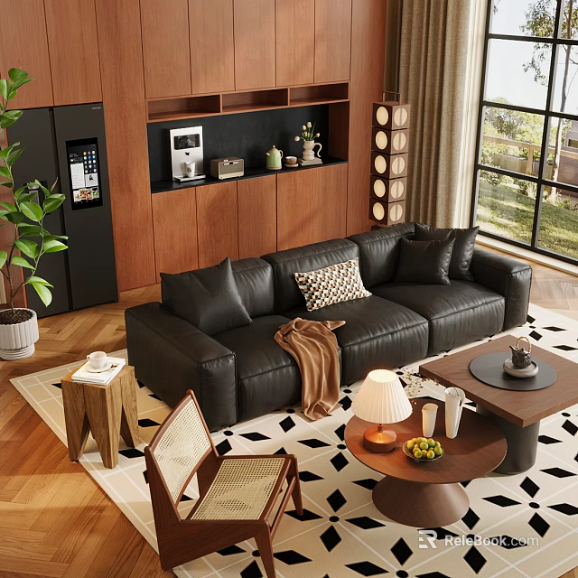 Modern Black Leather Sofa Coffee Table Set With Geometric Pillow Throw Blanket And Green Plant 3d model 