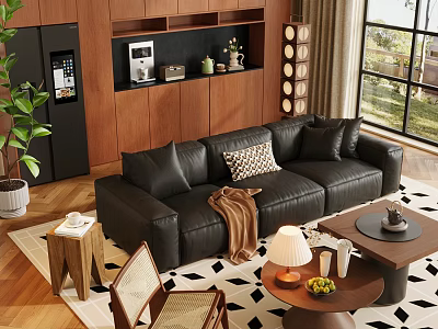 Modern Black Leather Sofa Coffee Table Set With Geometric Pillow Throw Blanket And Green Plant 3d model