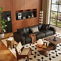 Modern Black Leather Sofa Coffee Table Set With Geometric Pillow Throw Blanket And Green Plant