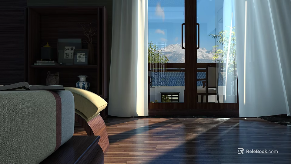 Modern Leisure Chair In Sunlit Room With Wooden Floor And Mountain View Through Windows 3d model 