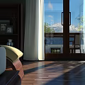 Modern Leisure Chair In Sunlit Room With Wooden Floor And Mountain View Through Windows