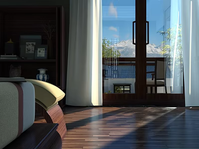 Modern Leisure Chair In Sunlit Room With Wooden Floor And Mountain View Through Windows 3d model