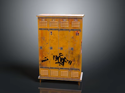 Yellow Wooden Storage Locker Cabinet With Multiple Compartments And Black Graffiti 3d model