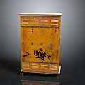 Yellow Wooden Storage Locker Cabinet With Multiple Compartments And Black Graffiti
