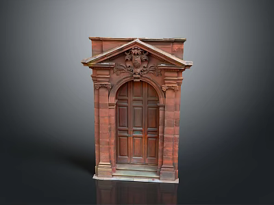 Vintage Red Brick and Wooden Door Furniture with Ornate Carvings and Pediment Design 3d model