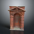 Vintage Red Brick and Wooden Door Furniture with Ornate Carvings and Pediment Design