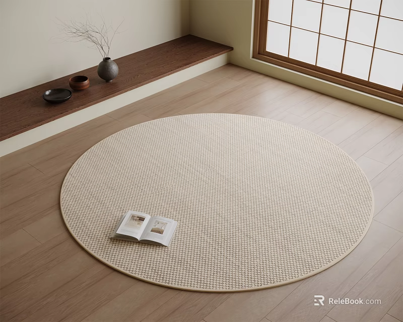 Beige Woven Round Area Rug on Wooden Floor with Open Book and Window 3d model 