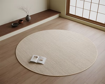 Beige Woven Round Area Rug on Wooden Floor with Open Book and Window 3d model