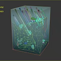 Cartoon Underwater Scene Inside Transparent Blue Cube With Pink Seaweed And Small Fish