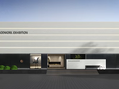 Modern MODWORK Exhibition Storefront With Glass Door Steps Green Plants And Lighting 3d model