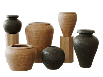 Brown and Black Ceramic Jars in Various Sizes with Textured Surfaces on Wooden Blocks 3d model
