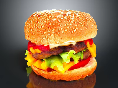 Delicious Juicy Cheeseburger With Sesame Bun Fresh Lettuce Tomato And Bell Peppers 3d model