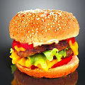 Delicious Juicy Cheeseburger With Sesame Bun Fresh Lettuce Tomato And Bell Peppers