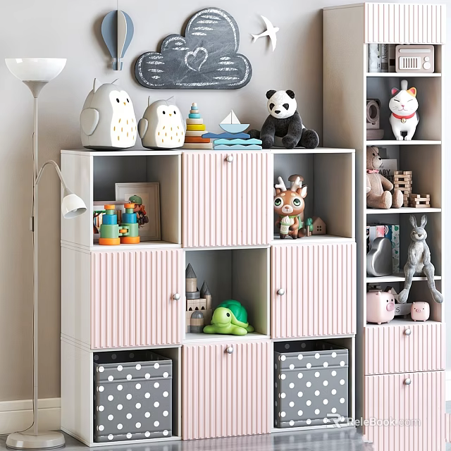 Cute Children's Room Storage Shelving Unit With Pink Cabinets Stuffed Toys And Storage Boxes 3d model 