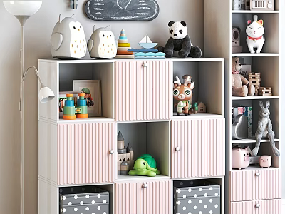 Cute Children's Room Storage Shelving Unit With Pink Cabinets Stuffed Toys And Storage Boxes 3d model