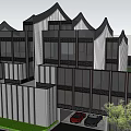 Modern Townhouse With Unique Roof Design And Metal Strip Facade Surrounded By Greenery And Fence