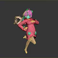 Stylish Woman With Pink Hair And Blue Bows Dancing In Pink Dress On Gray Background