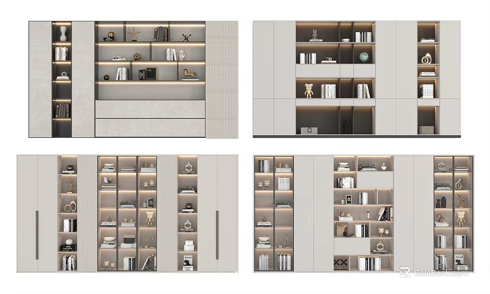 Modern Bookcase Interior Design With Multiple Shelves Books And Decorative Items 3d model 