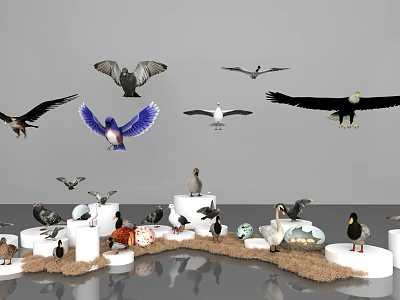 Flying Animals Including Eagles Pigeons Kingfishers Ducks Swans With Eggs On White Pillars Sandy Ground 3d model