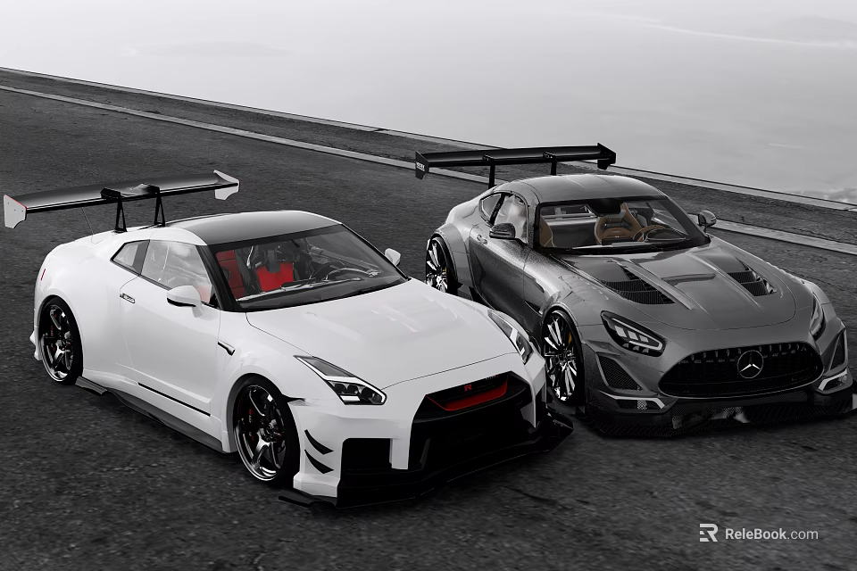 White And Silver Sports Cars Parked Together On Asphalt Road With Rear Spoilers 3d model 